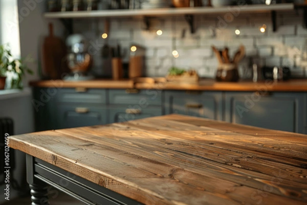 Fototapeta Wooden countertop on the background of a modern kitchen.