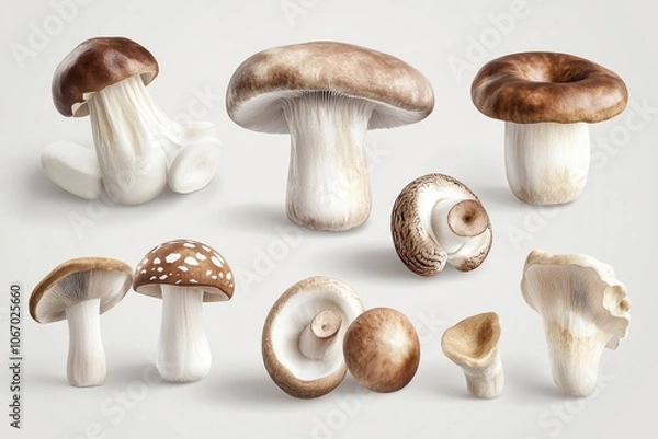 Fototapeta Mushrooms in different sizes and stages of growth.