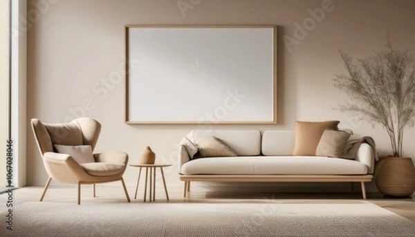 Fototapeta  A minimalist lounge chair and sofa in soft, muted tones against a textured concrete wall, wi 
