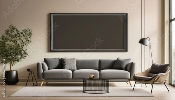 Fototapeta  Modern living room with a minimalist grey sofa and a matching lounge chair, both set against