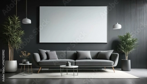 Fototapeta  Sleek and simple living room layout with a charcoal lounge chair and sofa against a matte bl 
