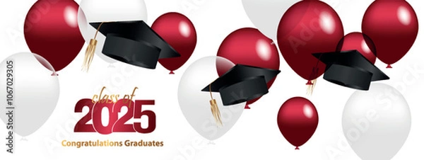 Fototapeta Congratulations on your graduation from school. Class of 2025. Graduation cap, confetti and balloons. Congratulatory banner. Academy of Education School of Learning	