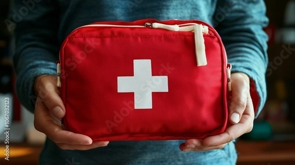 Obraz Red first aid kit symbolizes readiness for medical emergencies.