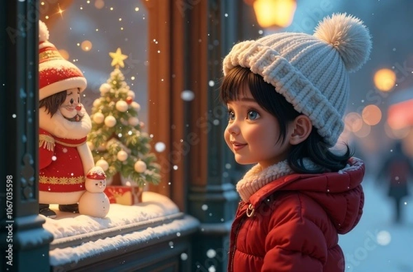 Fototapeta Adorable little girl kid looking through the display window at Christmas decoration in the shop, new year, holyday,banner
