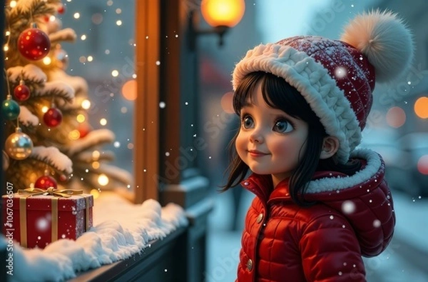 Fototapeta Adorable little girl kid looking through the display window at Christmas decoration in the shop, new year, holyday,banner