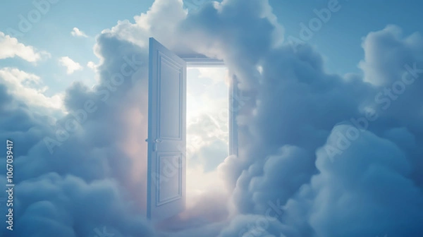Fototapeta An open door surrounded by clouds in the sky, A dreamlike and surreal atmosphere