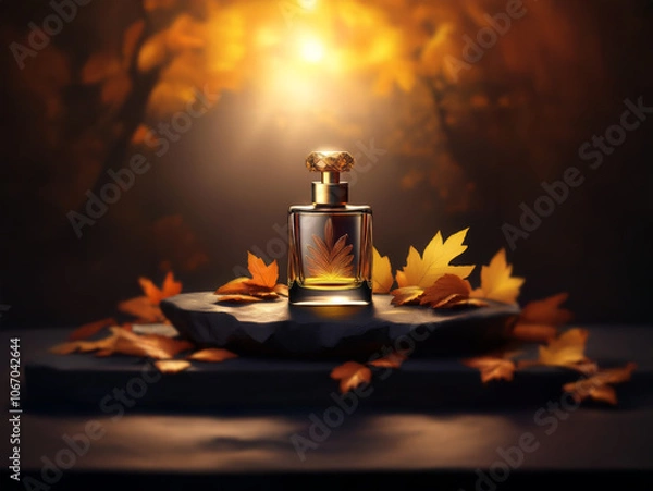 Fototapeta A glass perfume bottle rests on a stone platform surrounded by fall leaves against a backdrop of an autumnal forest.