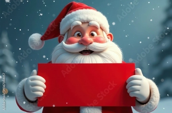 Fototapeta A cheerful smiling Santa in a hat, suit and white gloves holds a blank red sheet of paper in his hands. Close-up. Cartoon. Christmas, New Year