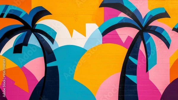Obraz Vibrant and Colorful 80s Miami Beach Graffiti Style Background with Palms and Geometric Shapes.