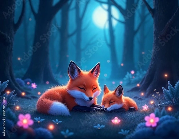 Fototapeta Enchanting Creatures Illuminated by Moonlight in a Tranquil Forest