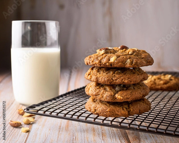 Fototapeta A cooling rack holds vegan oatmeal cookies with chocolate chips and walnuts, accompanied by a glass of almond milk, ai.
