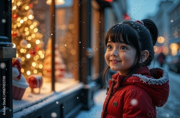 Fototapeta Adorable dark-haired little girl kid looking through the display window at Christmas decoration in the shop, new year, holyday,banner