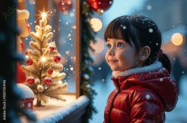 Fototapeta Adorable dark-haired little girl kid looking through the display window at Christmas decoration in the shop, new year, holyday,banner