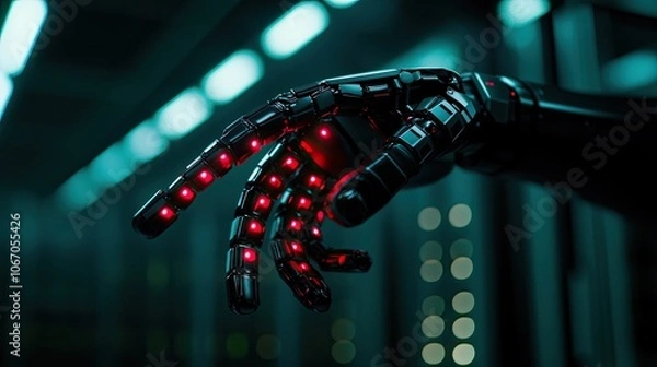 Fototapeta Futuristic robotic hand with glowing red lights, detailed and high-tech design.