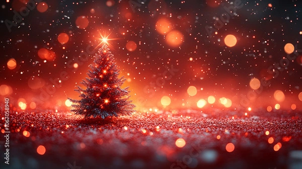 Fototapeta Elegant Red Christmas Tree with Glimmering Red Lights evoking the warmth and joy of the holiday season