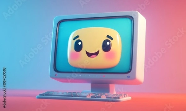 Fototapeta 3D cartoon computer monitor with a cute, smiling face on the screen, tech and friendly