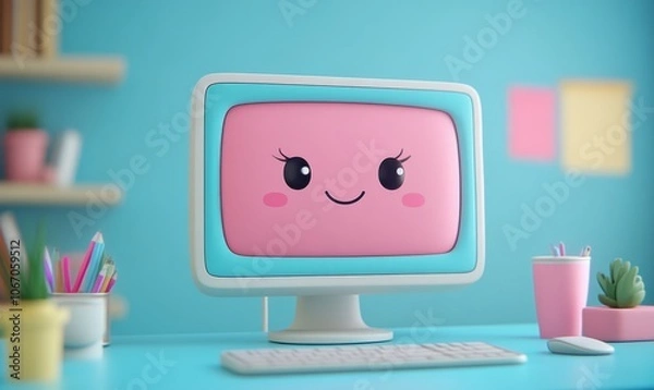 Fototapeta 3D cartoon computer monitor with a cute, smiling face on the screen, tech and friendly