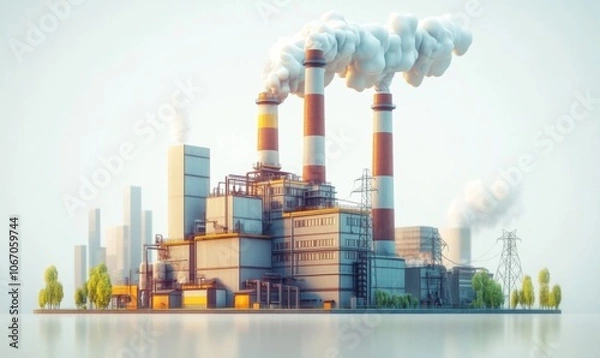 Fototapeta Industrial power plant with thick CO2 smoke from chimney. Pollution and carbon dioxide emissions footprint from fossil fuel burning.