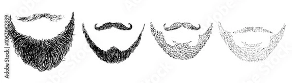Obraz Vector collection of masculine beards and mustaches in black and white. Hand-drawn outlines show a range of facial hair styles, from rugged stubble to handlebar. For grooming or barbershop themes
