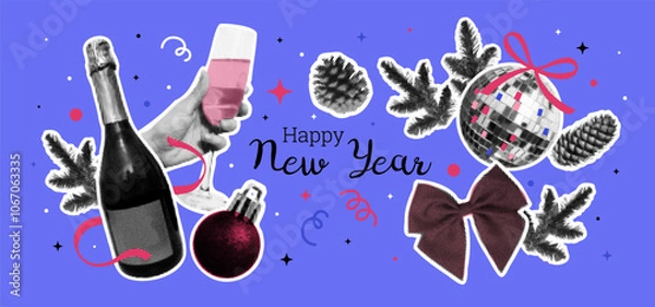 Fototapeta Merry Christmas, Happy New Year set. Halftone effect. Trendy collage. 90s Dots. Vintage style. Champagne, hand with glass, spruce cone, disco ball, bow. Poster, greeting card. Vector illustration.