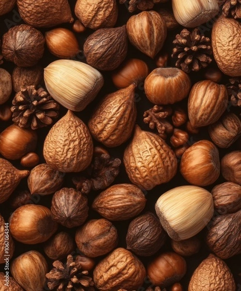 Fototapeta Assorted nuts scattered on black surface, highlighting texture, variety