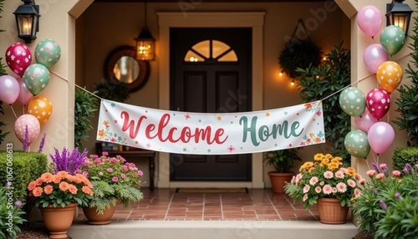 Obraz Colorful welcome home banner with festive balloons and lush flowers on a front porch