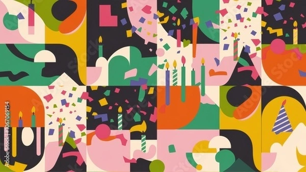 Fototapeta An abstract pattern with random shapes and bold colors, incorporating hidden birthday symbols like candles, cake, and confetti
