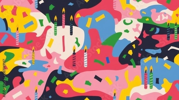 Fototapeta An abstract pattern with random shapes and bold colors, incorporating hidden birthday symbols like candles, cake, and confetti
