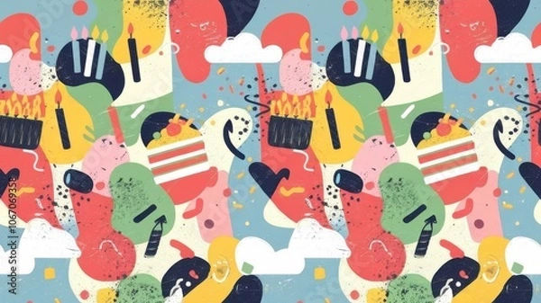 Fototapeta An abstract pattern with random shapes and bold colors, incorporating hidden birthday symbols like candles, cake, and confetti
