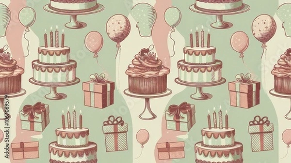 Fototapeta A vintage-themed birthday pattern featuring ornate birthday cakes, presents, and balloons in a classic 1950s color scheme
