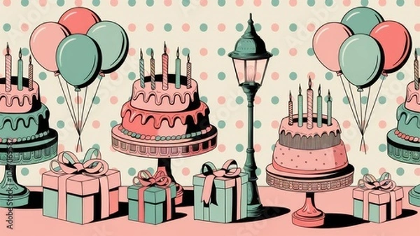 Fototapeta A vintage-themed birthday pattern featuring ornate birthday cakes, presents, and balloons in a classic 1950s color scheme
