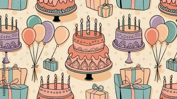 Fototapeta A vintage-themed birthday pattern featuring ornate birthday cakes, presents, and balloons in a classic 1950s color scheme
