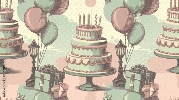 Fototapeta A vintage-themed birthday pattern featuring ornate birthday cakes, presents, and balloons in a classic 1950s color scheme
