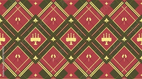 Fototapeta A tartan-style birthday pattern with intersecting lines in birthday-themed colors, featuring small cakes and candles
