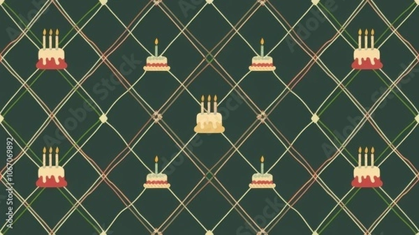 Fototapeta A tartan-style birthday pattern with intersecting lines in birthday-themed colors, featuring small cakes and candles
