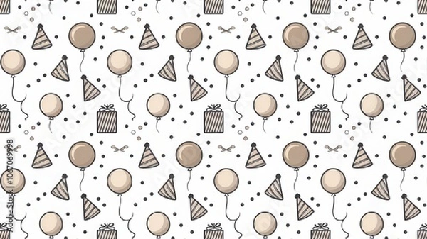 Fototapeta A minimalist birthday pattern with simple lines and shapes, featuring small party hats and balloons in monochrome tones
