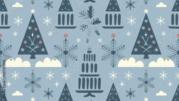 Fototapeta A Nordic-inspired birthday pattern with clean, symmetrical designs, including trees, snowflakes, and birthday cakes
