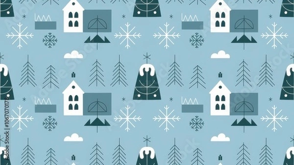 Fototapeta A Nordic-inspired birthday pattern with clean, symmetrical designs, including trees, snowflakes, and birthday cakes
