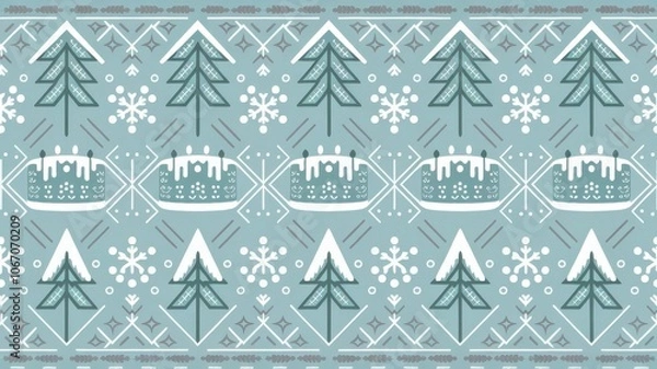 Fototapeta A Nordic-inspired birthday pattern with clean, symmetrical designs, including trees, snowflakes, and birthday cakes
