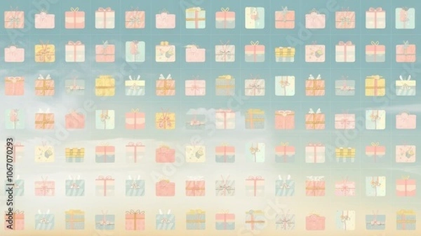 Fototapeta A grid-based birthday pattern with evenly spaced presents, balloons, and party hats, using pastel colors
