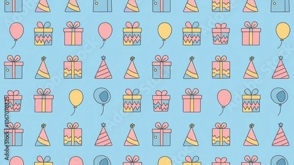 Fototapeta A grid-based birthday pattern with evenly spaced presents, balloons, and party hats, using pastel colors
