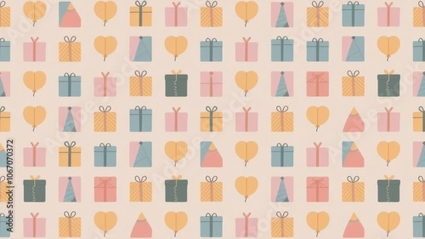 Fototapeta A grid-based birthday pattern with evenly spaced presents, balloons, and party hats, using pastel colors
