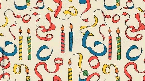 Fototapeta A linear birthday pattern with continuous lines forming party streamers, candles, and confetti in bold colors
