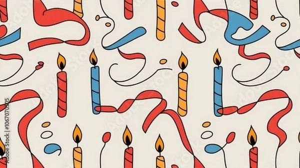 Fototapeta A linear birthday pattern with continuous lines forming party streamers, candles, and confetti in bold colors
