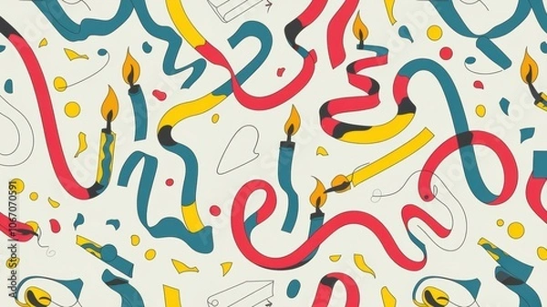 Fototapeta A linear birthday pattern with continuous lines forming party streamers, candles, and confetti in bold colors
