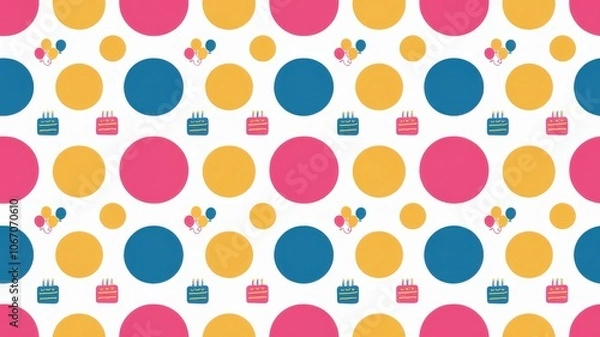Fototapeta A polka dot-inspired birthday pattern with dots of different sizes and small icons of birthday cakes and balloons
