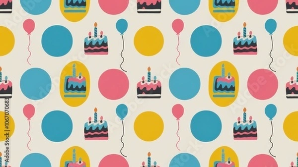Fototapeta A polka dot-inspired birthday pattern with dots of different sizes and small icons of birthday cakes and balloons
