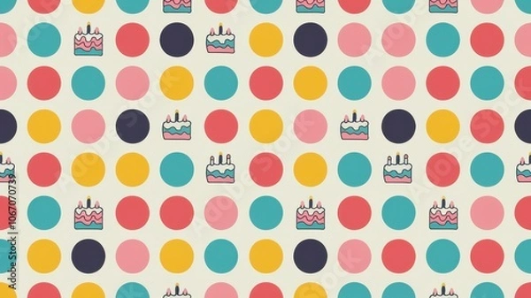 Fototapeta A polka dot-inspired birthday pattern with dots of different sizes and small icons of birthday cakes and balloons
