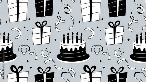Fototapeta A monochrome birthday pattern with birthday presents, cakes, and streamers in black and white
