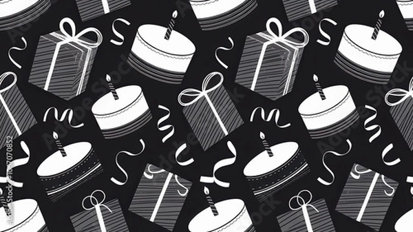 Fototapeta A monochrome birthday pattern with birthday presents, cakes, and streamers in black and white
